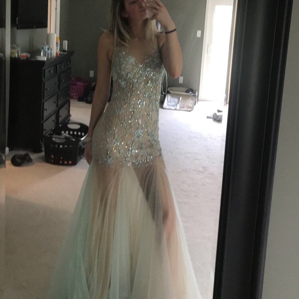 glamorous sea foam green and nude prom dress